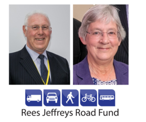 Photo of David Tarrant and Ginny Clarke with the Rees Jeffreys Road Fund logo underneath