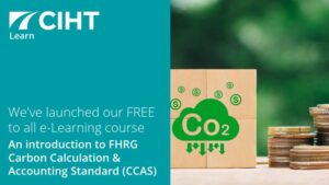 Image of a cardboard box with a green cloud and the words CO2 and a pile of coins, announcing free carbon training from CIHT
