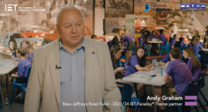 Rees Jeffreys trustee Andy Graham at the IET Faraday Challenge final with several school children