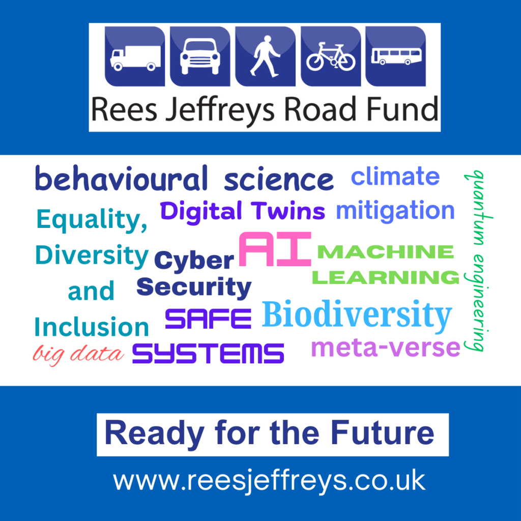 Rees Jeffreys Road Fund Ready for the Future - word cloud showing a list of skills needed for the future of highways and transport