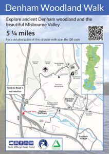 Copy of a notice board found near Colne Valley Regional Park that shows a 5 1/4 mile walking route around Denham Woods and Misbourne valley