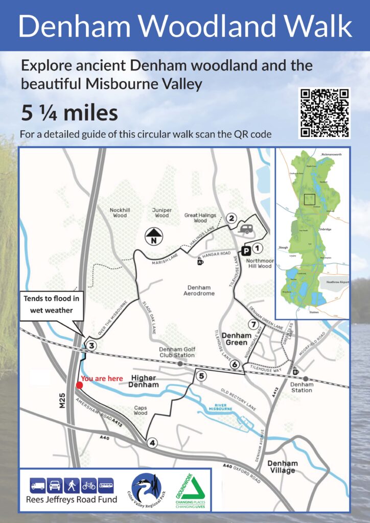 Copy of a notice board found near Colne Valley Regional Park that shows a 5 1/4 mile walking route around Denham Woods and Misbourne valley