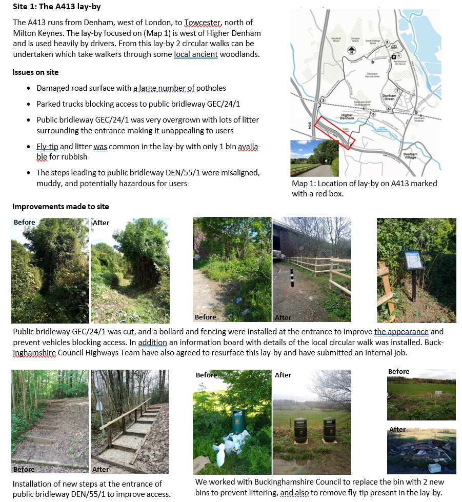 Map and images showing improvements from the road into the countryside at the A413, supporting access to Denham woodland