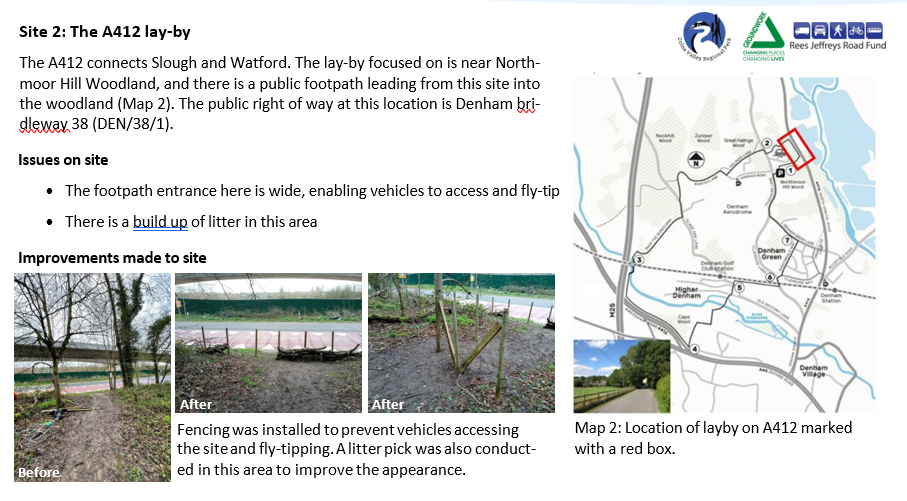 A map and location photographs from a walk starting from the A413 near Denham, showing the improvements to access to the footpath from the road